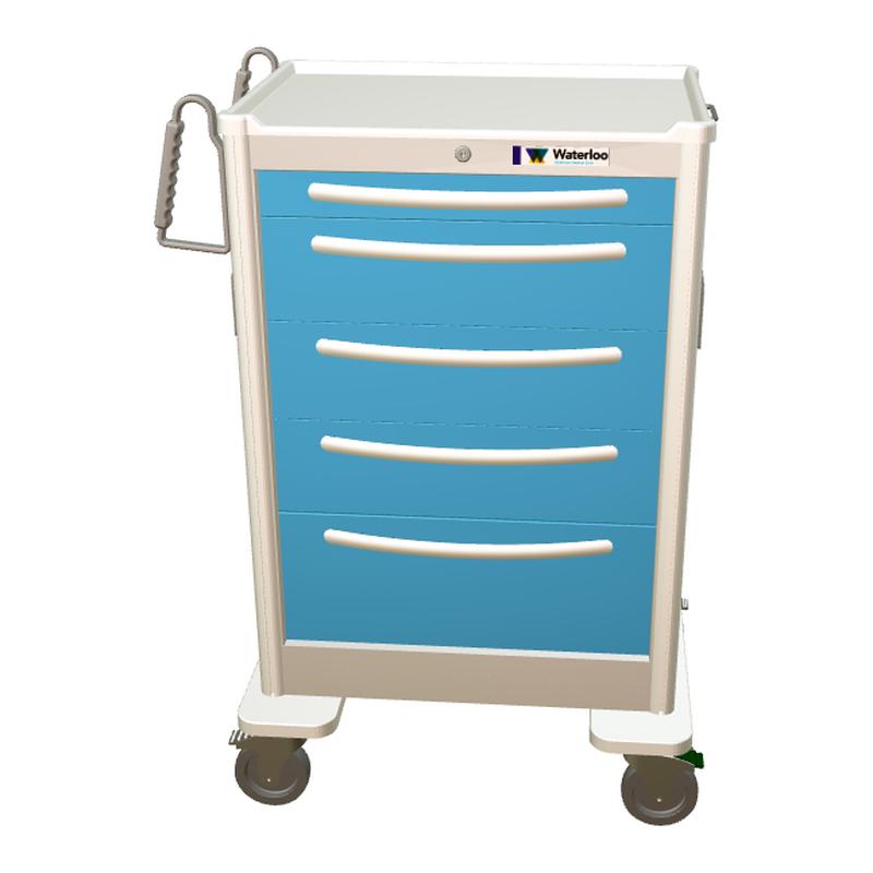 Waterloo Steel 5 Drawer X-Tall Anesthesia Cart, Light Gray Exterior w/ Light Blue Drawers, Key Lock, UXGKU-36669-LTB